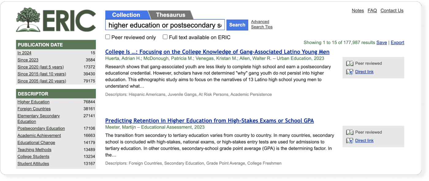 ERIC database: search results